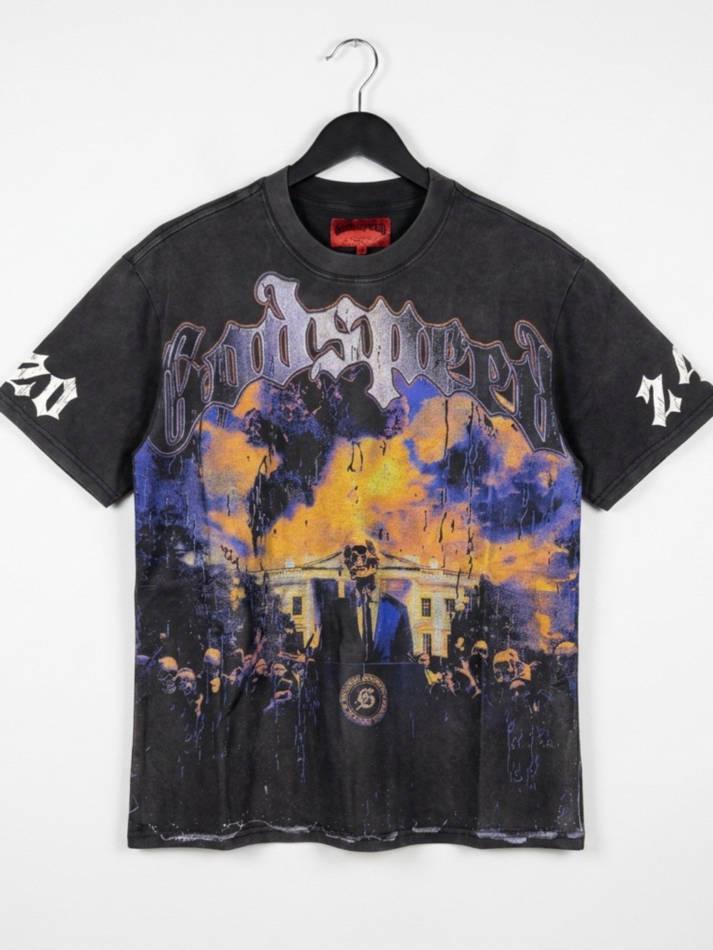 Black Godspeed Graphic Men’s Tee with Orange & Blue Print